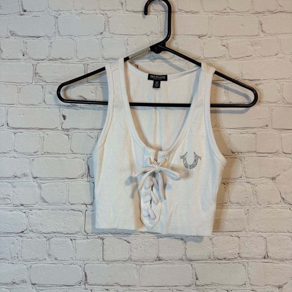 True Religion White Lace-Up Crop Top